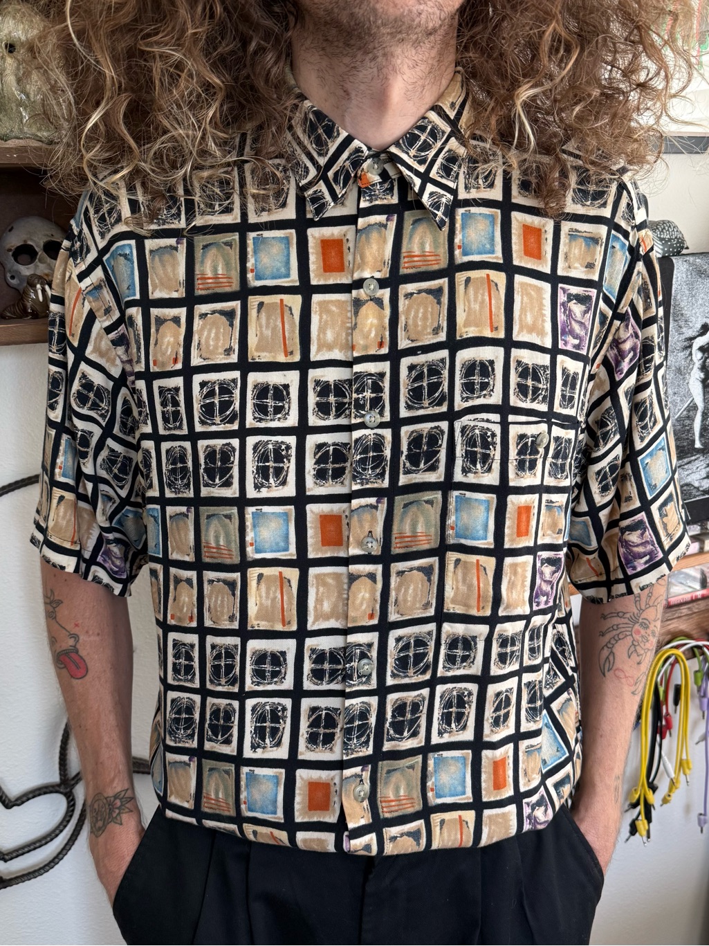 Vintage 80s 90s Abstract Geometric Watercolor S/S Button Down Shirt ~ Size M